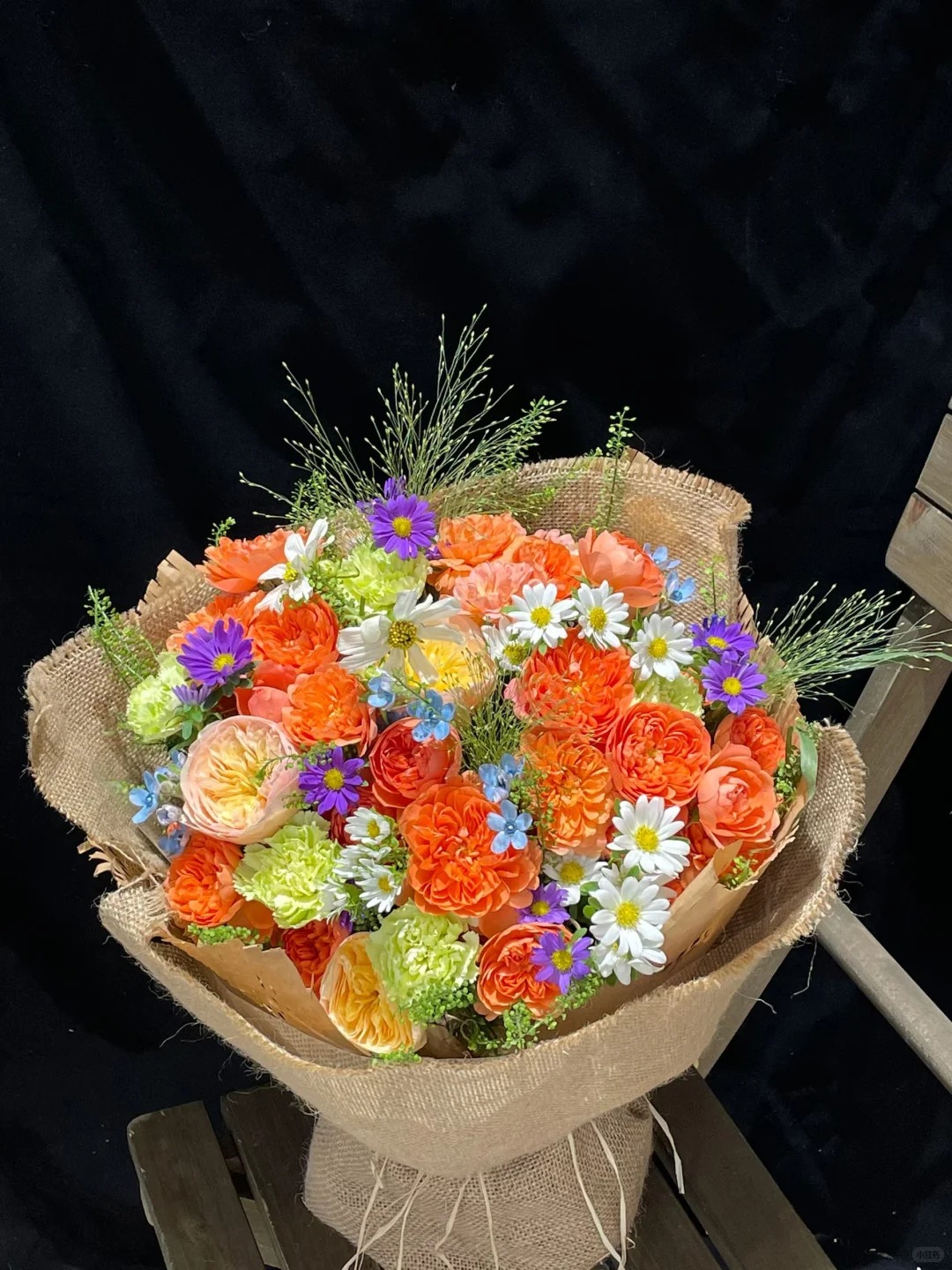 麻布田园橙调花束
